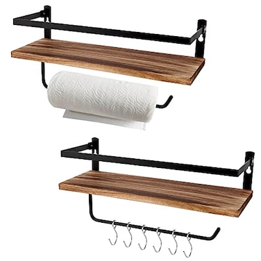 PHUNAYA Floating ShelvesWall Mounted Shelf for KitchenLiving RoomBedroomBathroom StorageRustic WoodSet of 2Carbonized Black