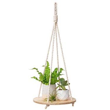 Dahey Hanging Plant Shelf Round Wood Rope Hanging Floating Shelf Boho Home Decor Display Planter Rack for Living Room Bedroom Kitchen RoomNature