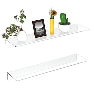 FEMELI 2 PCS 24 Acrylic Floating Shelves Clear Shelf for Display Plant Perfume Book in Bedroom Living Room Office 5mm Thick WallMounted Acrylic Shelves for Wall