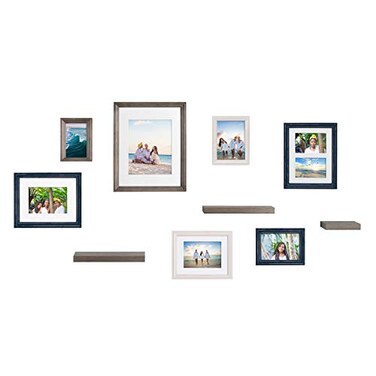 Kate and Laurel Bordeaux Gallery Wall Frame and Shelf Kit Set of 10 Multiple Coastal Finishes Assorted Size Frames and Three Display Shelves