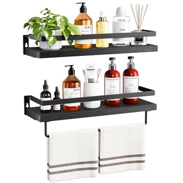 AMADA HOMEFURNISHING Bathroom Shelves with Towel Bar Floating Shelves Wall Shelves for BathroomLiving RoomKitchenBedroom Black Set of 2 AMFS01B