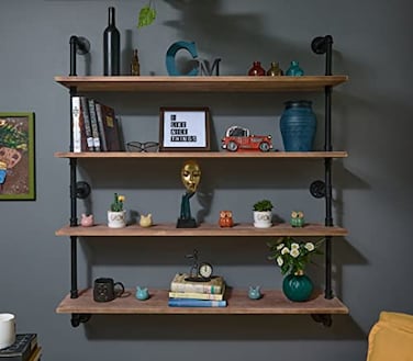 HDDFER Floating Bookshelf Shelves Industrial Pipe Shelving Floating Pipe Shelf with Wood Planks 48 inch Industrial Wall Shelves Rustic Hanging Bookshelf Farmhouse Kitchen Shelving