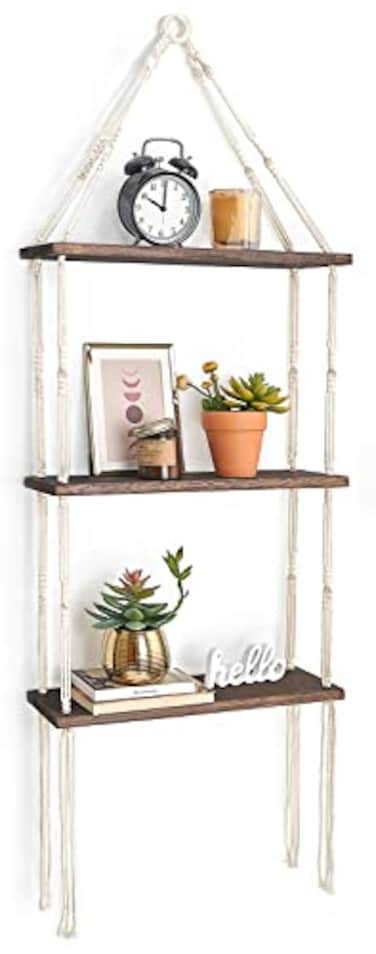 Mkono Macrame Wall Hanging Shelf 3 Tier Wood Floating Shelves with Cute Woven Rope Boho Room Decor Display Photos Plant Hanging Storage Shelves for Bathroom Bedroom Living Room Nursery