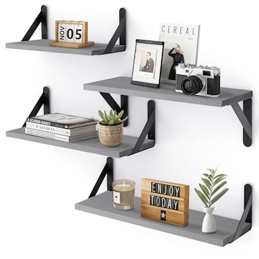 YGEOMER Floating Shelves for Wall Different Sizes Gray Wall Shelves for Living Room Bathroom Bedroom Kitchen Home Decor Set of 4
