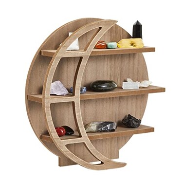 Farmlyn Creek Wooden Crescent Moon Shelf Rock Shelf Wall Holder for Stones Essential Oil Display Crystal Organizer FreeStanding Rack Rustic Brown 12 x 12 x 3 in