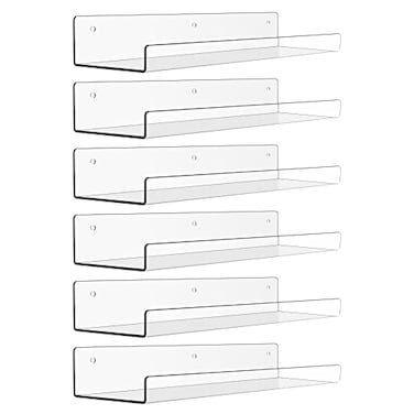 upsimples 6 Pack Acrylic Shelves for Wall Storage 15 x 4 Floating Bookshelves for Kids Display Shelf Organizer for Bathroom Bedroom Living Room Kitchen Room Decor Clear