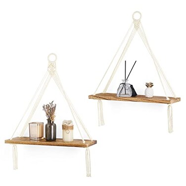 Dahey Macrame Hanging Shelf Boho Wall Decor Bedroom 2 Packs Rustic Wood Floating Shelves for Room Nursery Bathroom Living Room College Dorm Storage for Hanging Plants Photos White