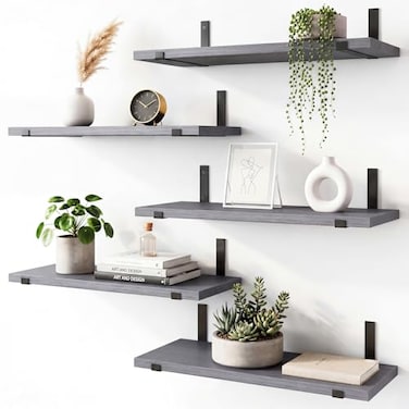 Fixwal Wall Shelves for Bedroom Set of 5 Width 475 Inches Floating Shelves Rustic Wood Wall Storage Shelves for Bedroom Living Room Kitchen Bathroom Grey