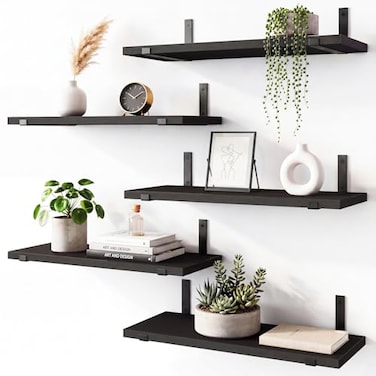 Fixwal Floating Shelves for Wall Black Shelves Wall Mounted Rustic Wood Wall Storage Shelves for Bedroom Living Room Kitchen Bathroom Home Decor Set of 5 Black