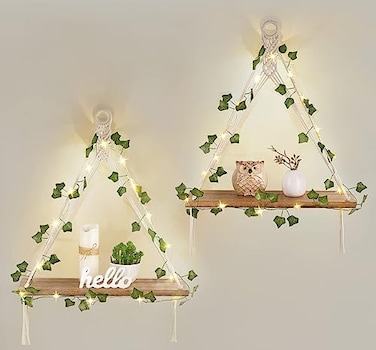 Mkono Artificial Ivy Macrame Hanging Shelves with Lights Set of 2 Boho Wall Decor Display Plants Photos Wood Floating Storage Shelf for Bedroom Bathroom Living Room Nursery Dorm Kitchen White