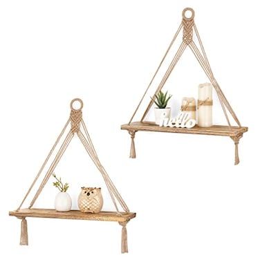 Mkono Macrame Hanging Shelves Boho Wall Decor Set of 2 Rustic Wood Floating Storage Shelf for Bedroom Bathroom Living Room Nursery Dorm Room Display Shelving for Hanging Plants Photos