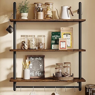 Bestier 3 Tier Industrial Pipe Shelving Floating Book Shelves for Wall Storage Hanging Shelves with Towel Bar for Bathroom Organizer Bedroom Kitchen Plants Office 315 Inch Rustic Brown
