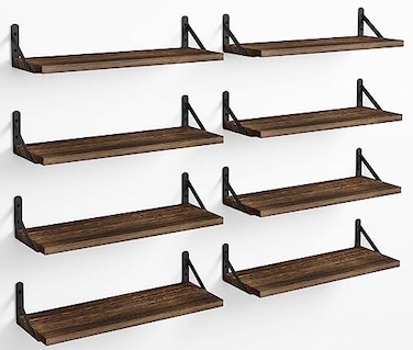 Fixwal Floating Shelves Width 475in Rustic Wood Wall Shelves Set of 8 Wall Storage Shelves for Bedroom Living Room Kitchen Bathroom Office and Plants Dark Carbonized Black