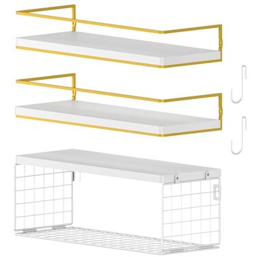 WOCOPIA White Floating Shelves with Toilet Paper Storage Basket S Hooks Over Toilet Bathroom Organizer and Storage Wall Mounted Small Hanging Shelves for Home Room Decor