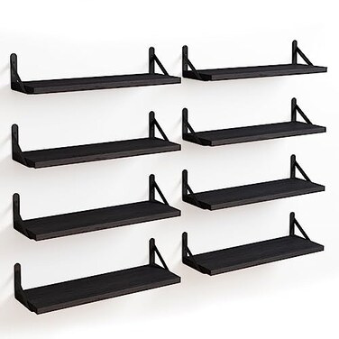 Fixwal Floating Shelves Width 475in Rustic Wood Wall Shelves Set of 8 Wall Storage Shelves for Bedroom Living Room Kitchen Bathroom Office and Plants Black