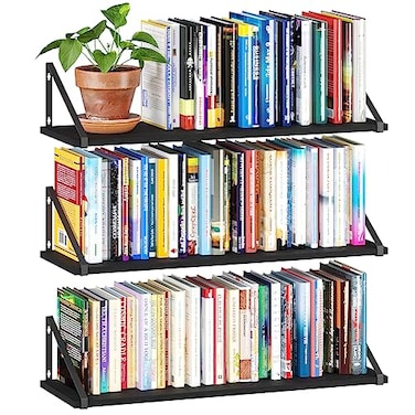 BAMEOS 24X8 Floating Shelves Rustic Wood Wall Shelf Set of 3Bookshelf for Living Room Office and Bedroom with Metal Bracket