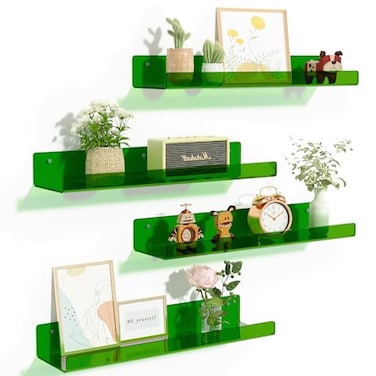 upsimples Acrylic Shelves for Wall Decor 15 Display Shelf Perfume Organizer for Bathroom Bedroom Living Room Floating Bookshelves for Kids Clear Green 4 Pack