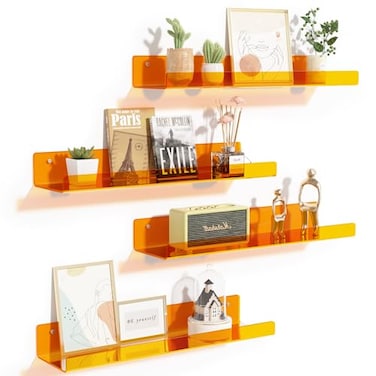 upsimples Acrylic Shelves for Wall Decor 15 Display Shelf Perfume Organizer for Bathroom Bedroom Living Room Floating Bookshelves for Kids Clear Orange 4 Pack