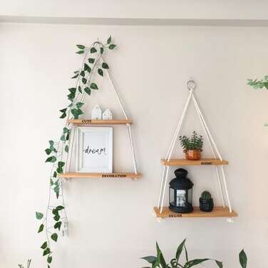NWOOD Hanging Shelves for Wall Living Room Bedroom Boho Room Decor Aesthetic Hanging Plant Shelf Decor Floating Shelves Rope Shelves for Bedroom Aesthetic Boho Decor by Design Patented