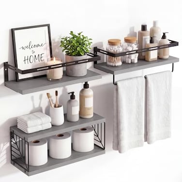 Fixwal Wall Mounted Bathroom Shelves Over Toilet Rustic Wood Floating Shelves with Metal Frame and Towel Bar for Bathroom Kitchen Bedroom Living Room 3 Plus 1 Gray