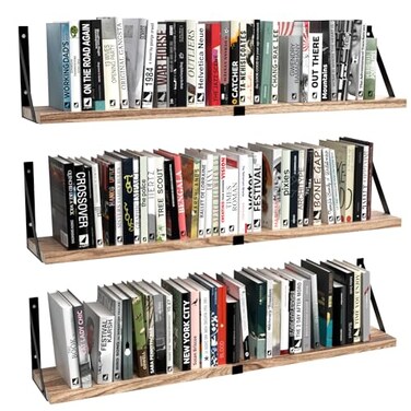 Senyh Floating Book Shelves Set of 3 Wall Bookshelf 33 inch Long Wood Shelf for Wall Storage Hanging Shelving for Bedroom Bathroom Living Room Kitchen Office and Plants Light Brown