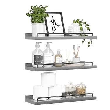 RYOFOBETTO Floating Shelves for Wall Decor Grey Shelves for Bathroom Living Room Bedroom Picture Frames Plants Kitchen Set of 3