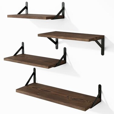 YGEOMER Floating Shelves for Wall Different Sizes Dark Carbonized Pine Wall Shelves for Living Room Bathroom Bedroom Kitchen Home Decor Set of 4