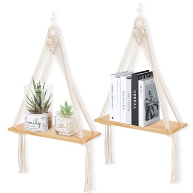 Sunkaioo Macrame Wall Hanging Shelf Set of 2Boho Wooden Display Floating Shelves for Wall Decor with Handmade Woven RopeFarmhouse Rustic Plant Shelf for Bedroom Dorm Nursery Living Room Bathroom