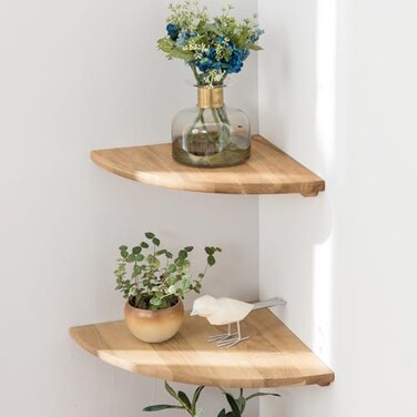 Conamily Corner Shelves Floating Corner Shelf Set of 2 7inch Solid Oak Wood Wall Shelves Round End Wall Mount with Wire Hole Shelving for Small Plant for Bedroom Kitchen Living Room