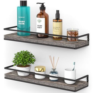 Meangood Floating Shelves Wall Mounted Set of 2 Rustic Wood Wall Storage Shelves for BedroomLiving RoomBathroom Kitchen Pine