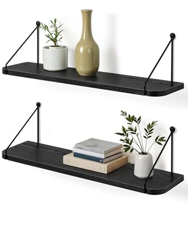 Afuly 24in Floating Shelves for Wall Black Wooden Shelves with Triangular Brackets for Bathroom Living Room Bedroom Kitchen Home Wall Decor Set of 2