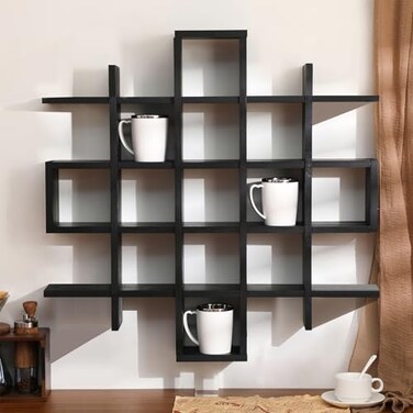 Suzile Oversize Coffee Mug Display Rack Wooden Display Shelves Rustic Wooden Floating Curio Shelf Travel Wall Mounted Coffee Mug Rack Holder Shadow Box Shelf51x51x3inBlack
