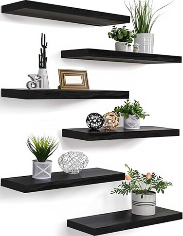 PHPH Wood Floating Shelves for Wall Wooden Wall Shelves for Bedroom Set of 6 Black 17 Inch