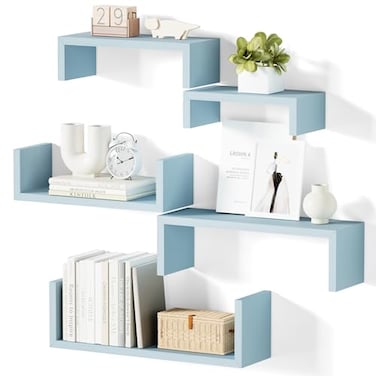 SRIWATANA Floating Shelves for Wall Wall Shelves for Bathroom Bedroom Living Room Kitchen Office Wood Shelves for Wall Decor Set of 5 Blue