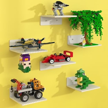 BlissBox 6Pack Floating Shelves for Wall Compatible with Lego Building Bricks 5x55inch DualSided 16x17 Studs for Toy Brick Storage and Display ABS Display Shelves for Room Decor White