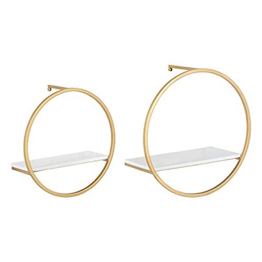 Kate and Laurel Wicks Modern Glam Floating Wall Shelf Set of 2 Round Gold Metal Frame with White Painted Solid Wood Shelf Boards