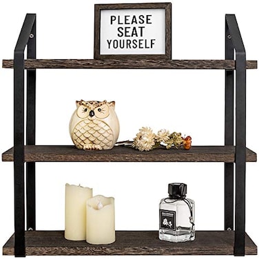 Mkono Floating Wall Shelves 3 Tier 17 Inch Rustic Hanging Shelf with Metal Bracket Wall Mount Wood Storage Display Shelves for Living Room Bathroom Bedroom Kitchen OfficeMedium