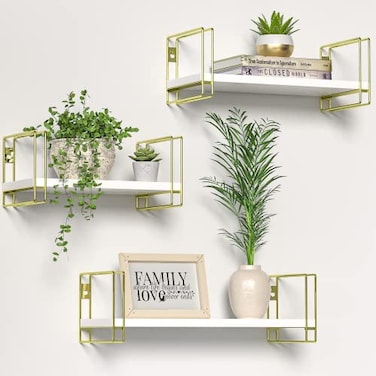 J JACKCUBE DESIGN White Wood Floating Shelves Set of 3 Wall Mounted Hanging Shelves with Gold Wire Frames for Bedroom Living Room Kitchen Bathroom and Office MK696C