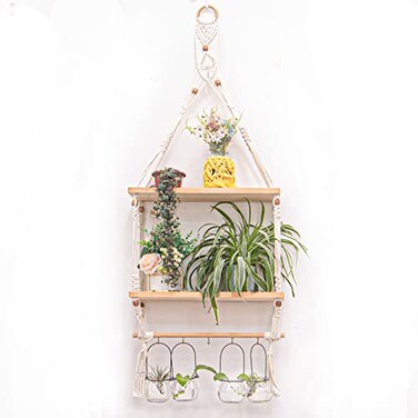 TENEWEE Boho Macrame Wall Hanging Shelf 2Tier Rustic Wood Bookshelf with Hooks Woven Rope Organizer for Bathroom Kitchen Bedroom Nursery Apartment Small Space Decor Storage