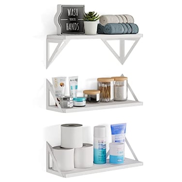 Wallniture Minori Washed White Floating Shelves for Wall Storage Bathroom Shelves Over The Toilet Storage Wood Wall Shelf Set of 3 with White Brackets