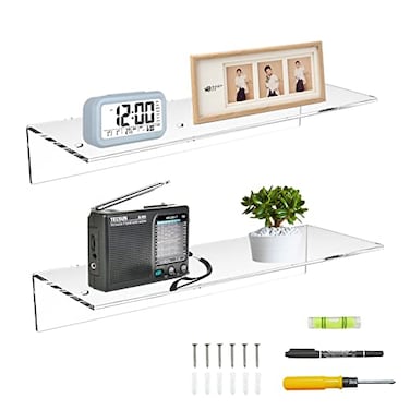 Sezanrpt 17 Inches Acrylic Wall Shelves 2 Pack Floating Shelf for Wall Mounting Acrylic Display Ledges for Funko Pop Figures Home Dcor Living Room Gaming Room Plants17 inch Clear
