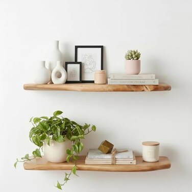 WELLAND Set of 2 24 Inch Cedar Natural Edge Floating Shelf Rustic Solid Cedar Wood Wall Mounted Shelves for Living Room Bedroom Kitchen Bathroom Home Office Entryway