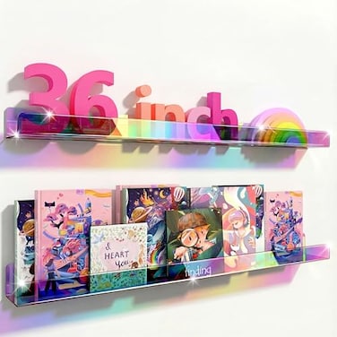 RORKIM 36 inches Iridescent Acrylic Floating ShelfWall Mounted Kids Bookshelf Display Book Shelves for Kids Nursery Toddler Classroom 2 Packs