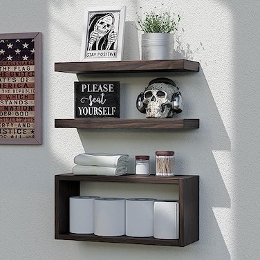 RICHER HOUSE Floating Shelves Set of 3 Modern Bathroom Shelves Wall Mounted Shelves with Invisible Brackets Over Toilet Rustic Wall Shelves for Bathroom Bedroom Living Room Kitchen Walnut