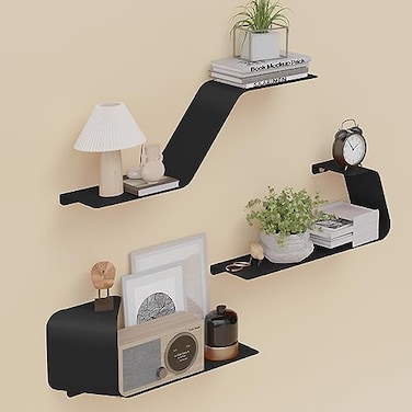Sttoraboks Floating Shelves Set of 3 Wall Mounted Metal Shelves with Unique Design for Wall Storage Book Shelf Display Shelves for Bathroom Bedroom Kitchen Living Room Black