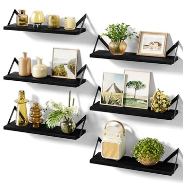 SRIWATANA Floating Shelves for Wall Decor Wood Wall Shelves for Bathroom Bedroom Kitchen Living Room Set of 6 Weathered Black