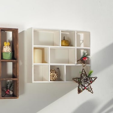 SOFE Small White Shadow Box with Shelves Wall Shelving Unit 9Compartments Freestanding or Wall Mounted Curio Cabinet Knick Knack Display Shelf Wood Floating Cube Shelves for Walls Collectibles