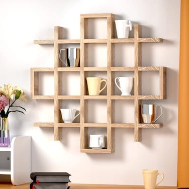 Suzile Oversize Coffee Mug Display Rack Wooden Display Shelves Rustic Wooden Floating Curio Shelf Travel Wall Mounted Coffee Mug Rack Holder Shadow Box Shelf51x51x3inWood Color