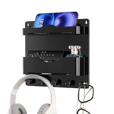 JUMEIHUI Bedside Wall Shelf with Glasses Hooks Adhesive Bedside Organizer Wall Mount for Dorm and Room Accessories PhoneRemoteEarphone Kindle Black