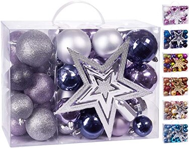 BRUBAKER Brubaker 50ct Christmas Ball Ornaments Shatterproof with Tree Top Baubles Christmas Tree Decorations Purple Silver